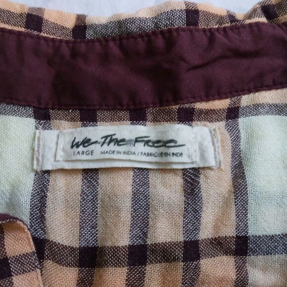 We The Free Pacific Dawn Peach Brown Plaid Button Down Top Boho Women's Shirt L - Picture 7 of 12